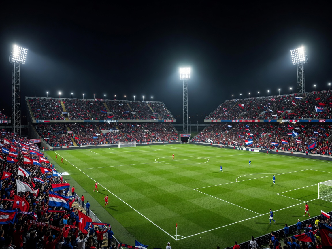 Floodlit football stadium prepared for a decisive title match