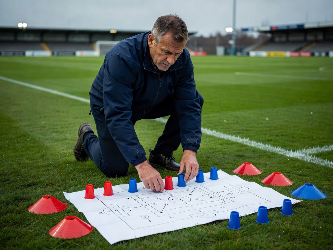 Football coach arranging tactical markers beside a pitch