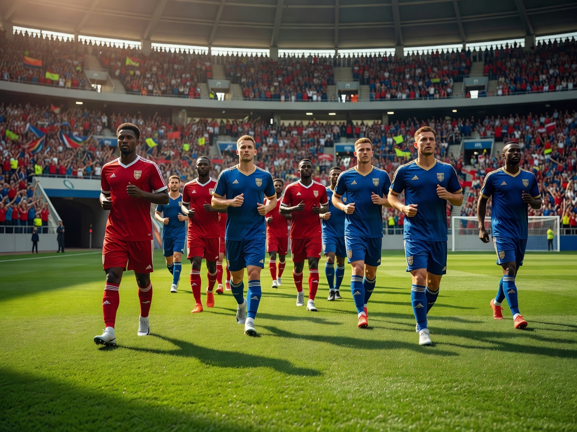 Players walking onto a football pitch before a European qualification contest