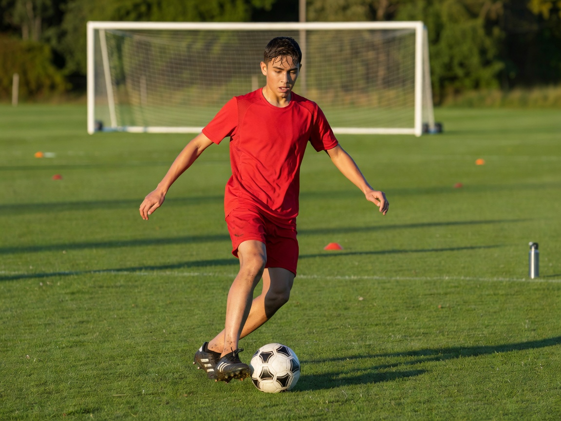 Young footballer training with a ball on a green practice field